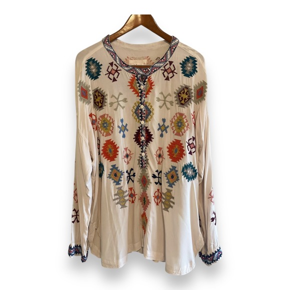 Johnny Was Tops - Johnny Was Biya Floral Embroidered Henley Tunic Top Blouse Women's Size XL